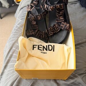 Fendi Brown and Black FF Logo Ruched Strap Sandals